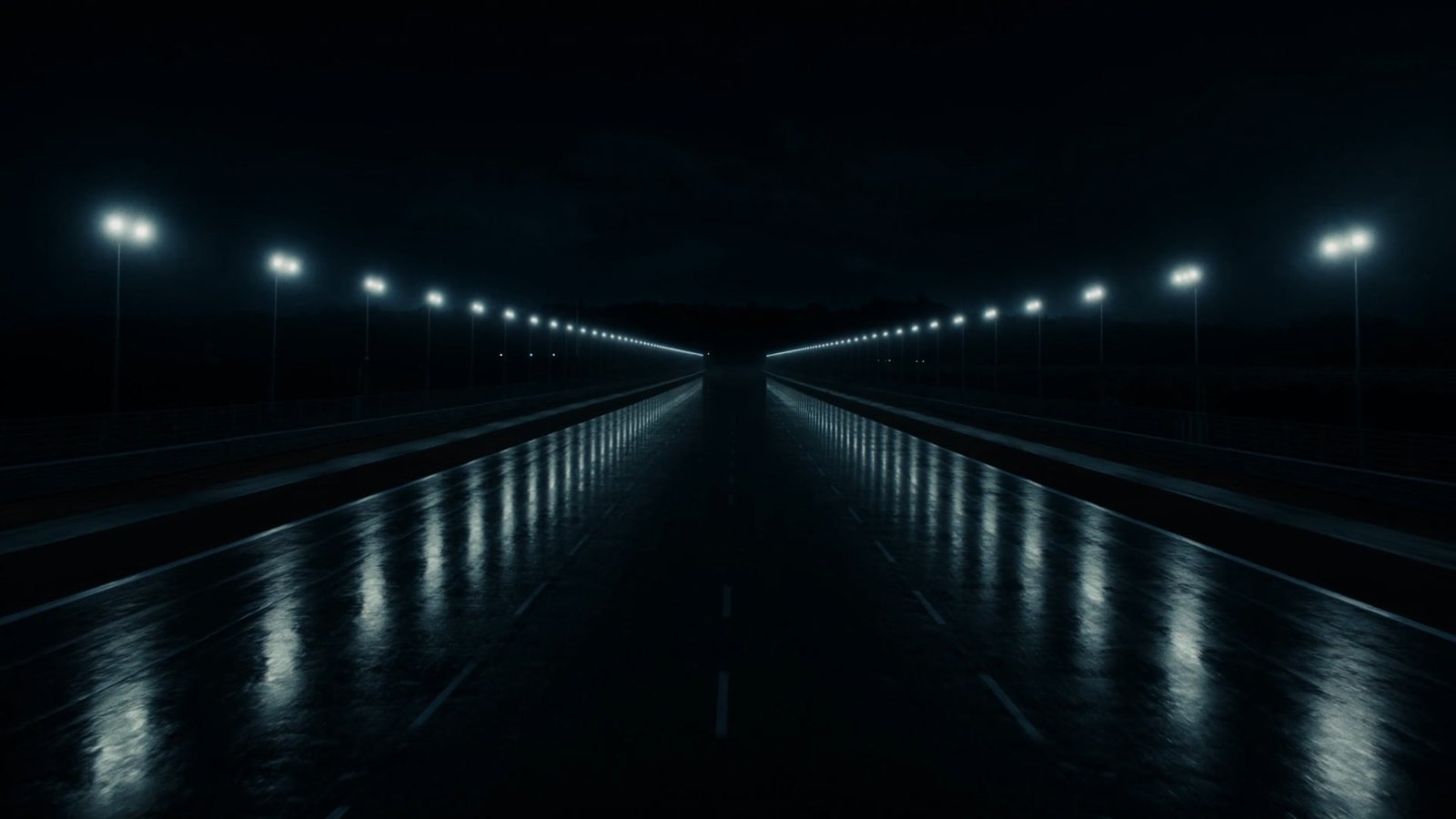 A wet straight at night with identical floodlight pools repeating into the distance