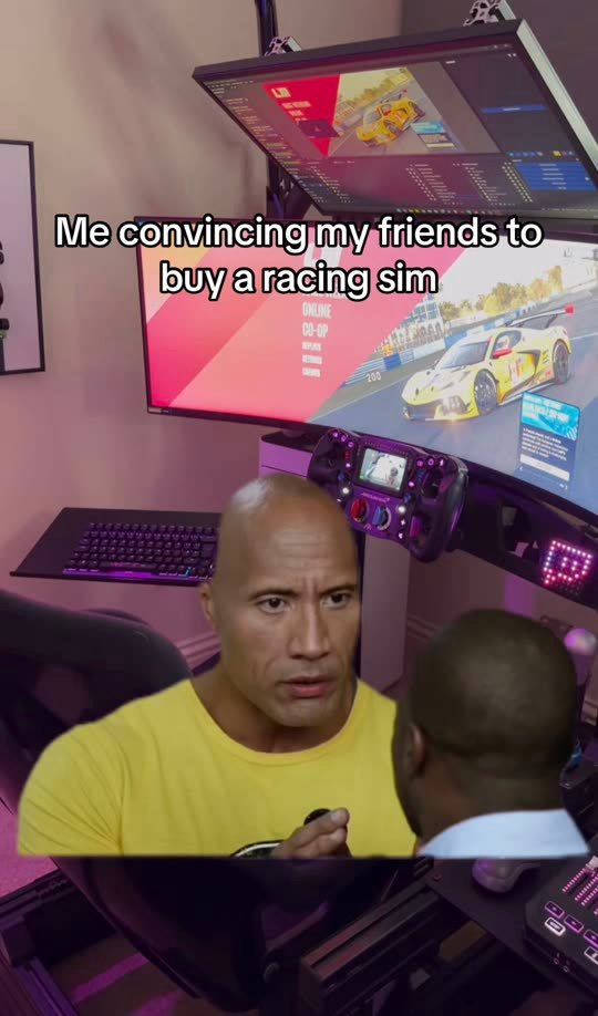 A sim rig with a caption about convincing friends to buy one
